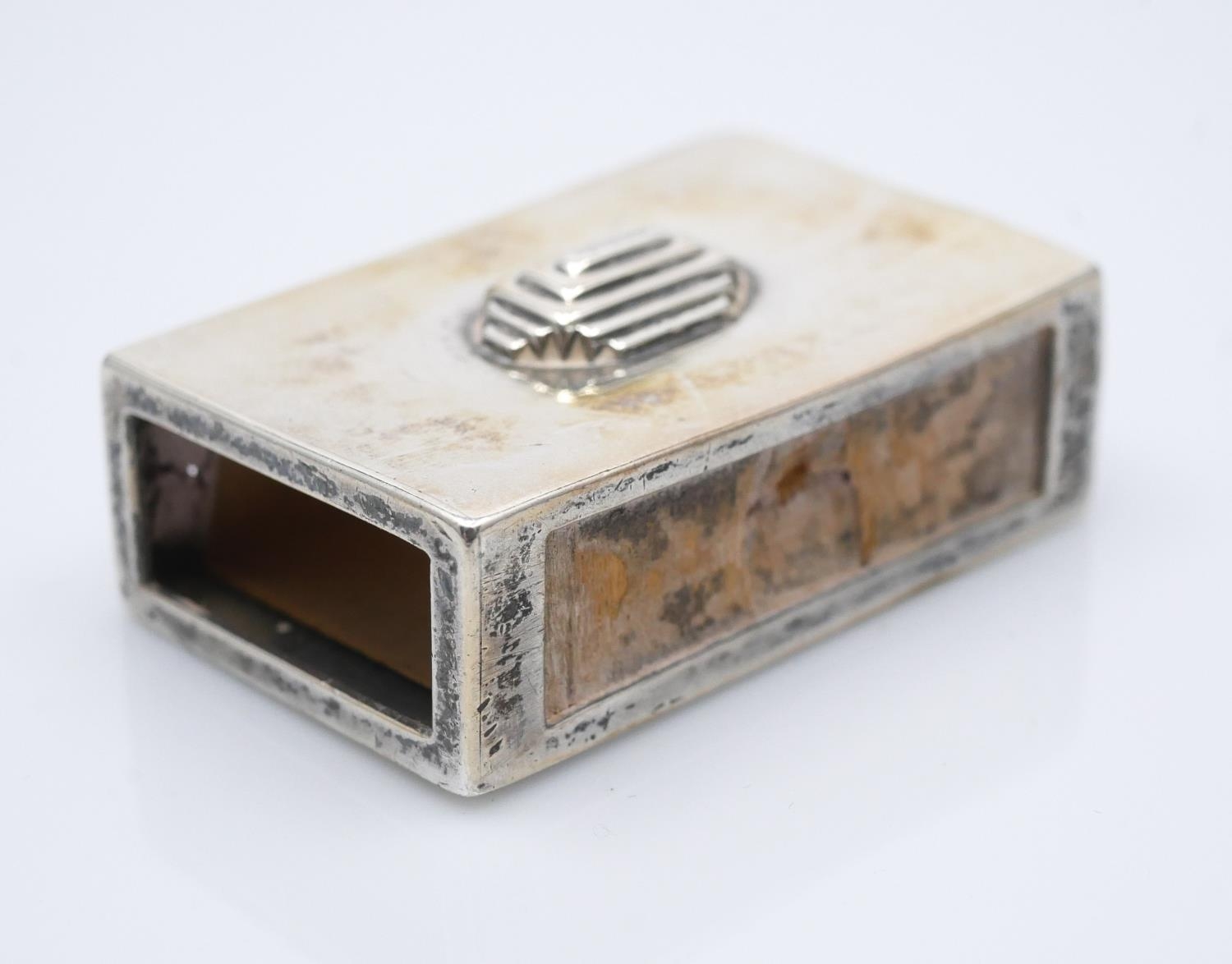 Charles Boyton, Two Art Deco white metal match box covers, planished cuboid form, with applied - Image 2 of 5