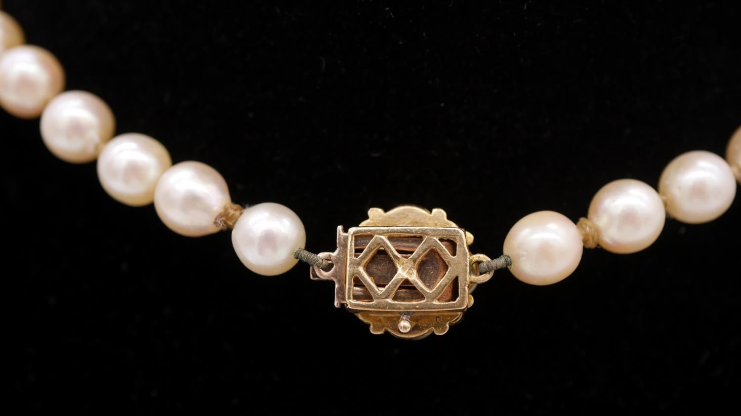 A 22 inch knotted graduated cultured pearl necklace with 9 carat yellow gold and dyed agate clasp. - Image 3 of 6