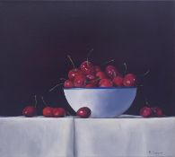 An oil on canvas, still life cherries in a bowl, signed M Gurnsey. H.40 W.45cm
