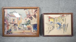 A framed and glazed vintage print of Valbonne by C.R. Doyly-John along with a watercolour on paper