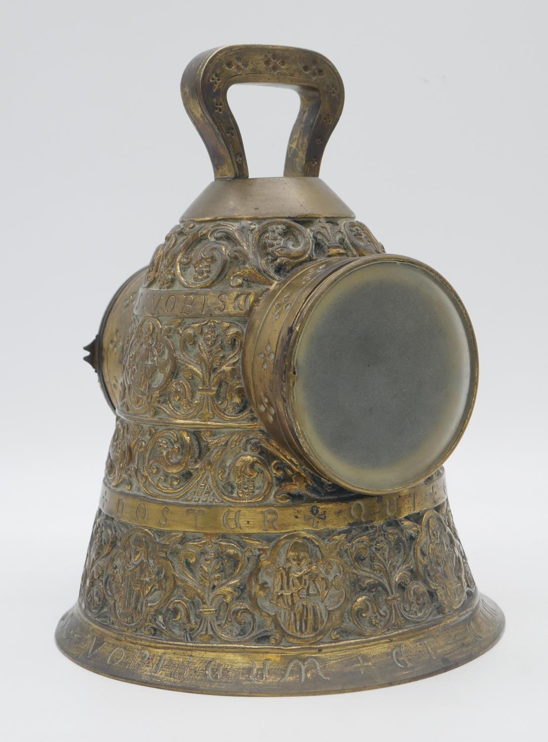 A 19th century French brass mantel clock modelled as a bell, the dial with enamel Roman numerals, - Image 2 of 6