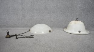 Two vintage moulded milk glass domed uplighters with chain link fittings. D.34cm