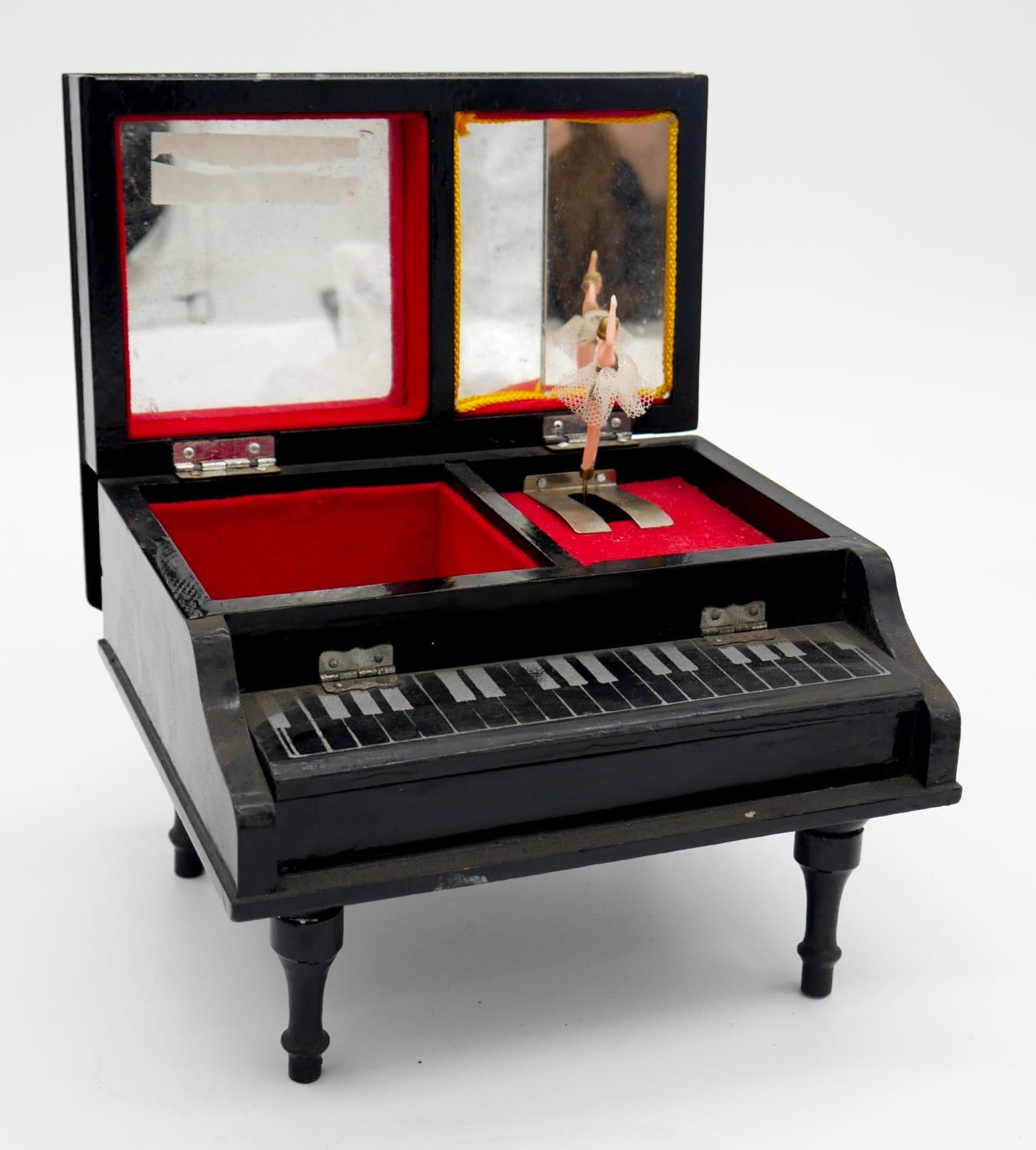 A vintage Japanese black lacquered and painted music box in the form of a grand piano. Lid painted - Image 4 of 8