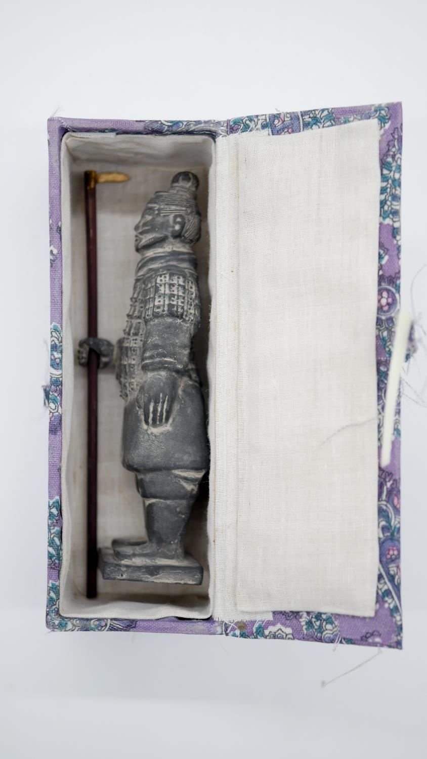 A pair of Tang style salt glaze ceramic tomb attendants, one playing an instrument along with a - Image 5 of 6