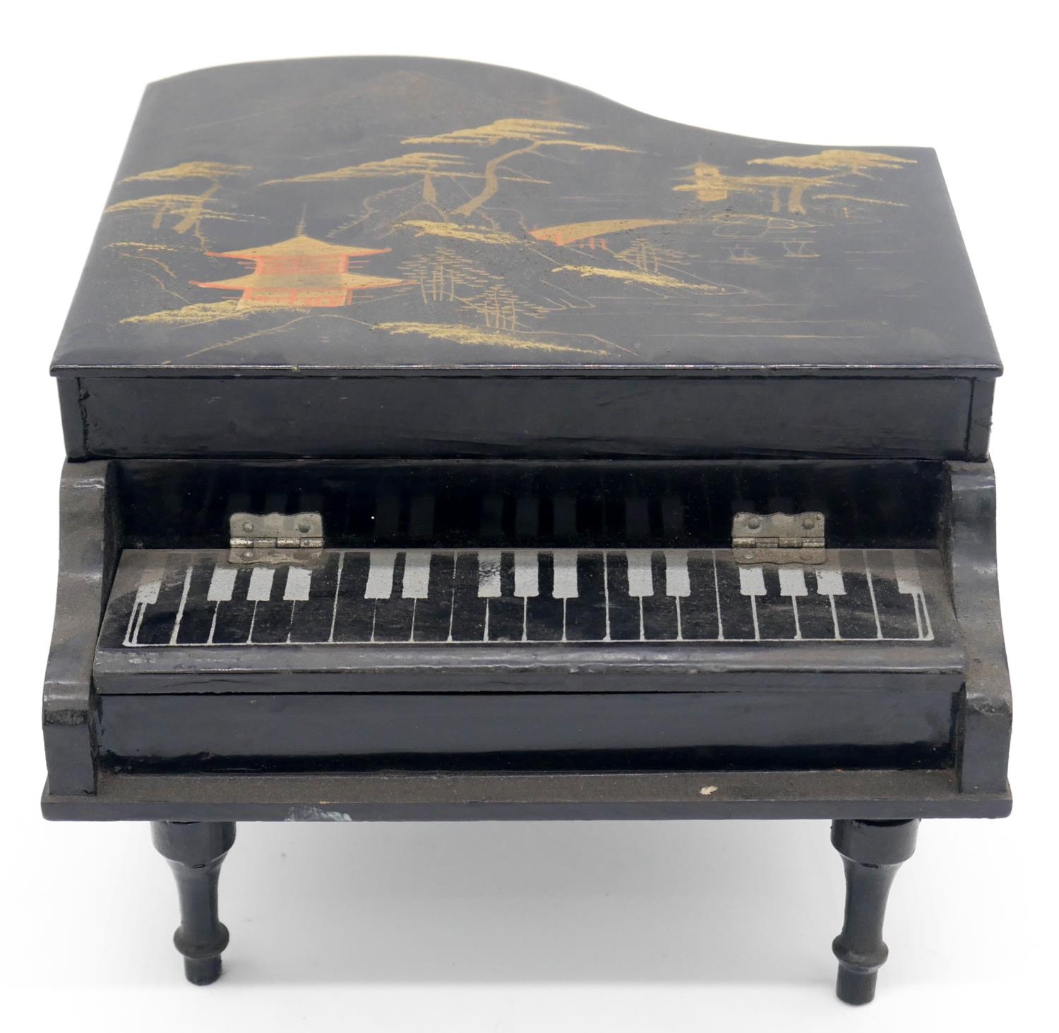A vintage Japanese black lacquered and painted music box in the form of a grand piano. Lid painted - Image 2 of 8
