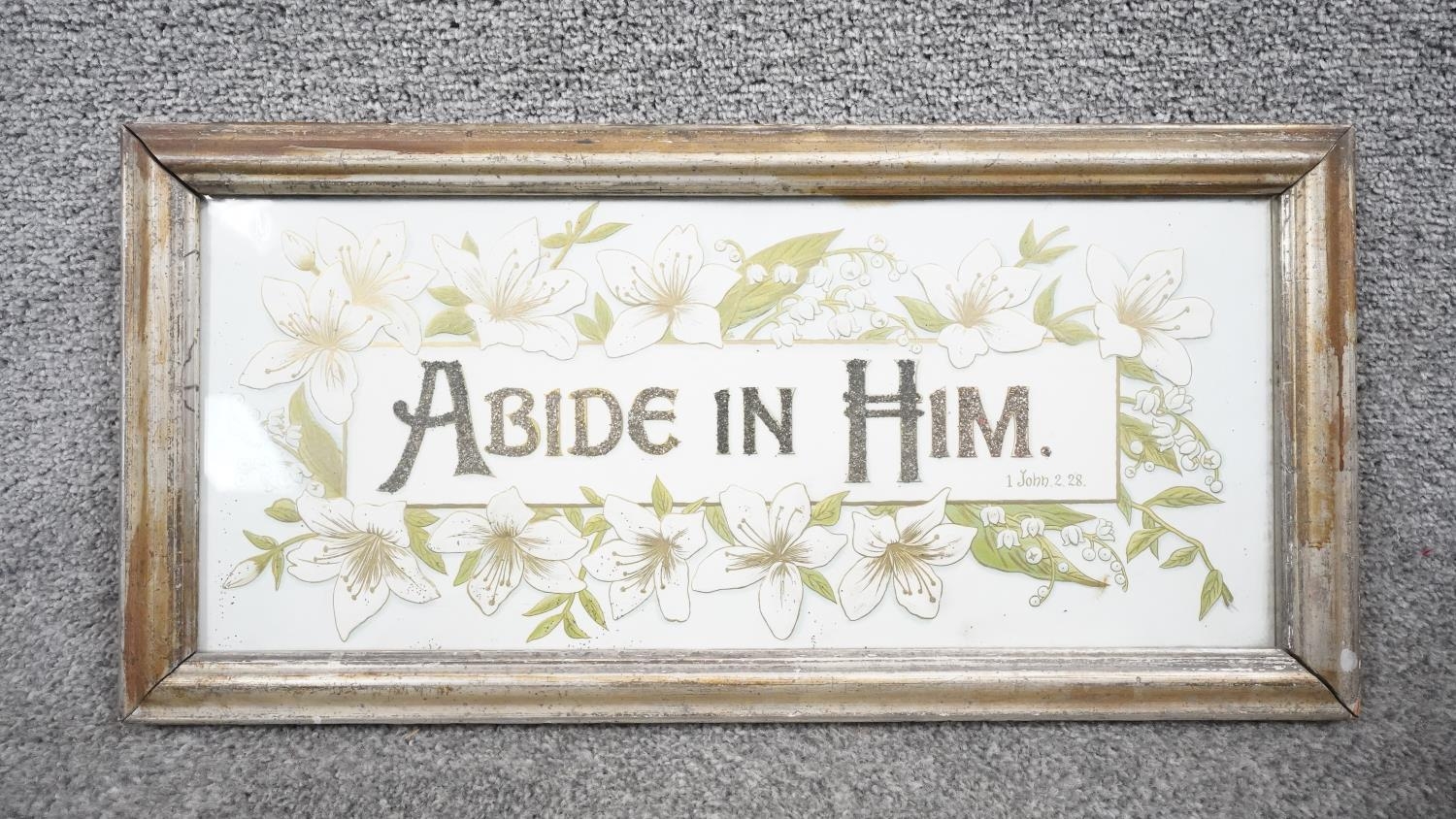 Two framed and glazed antique posters on paper, Abide in Him, embossed paper with lilies and - Image 6 of 8