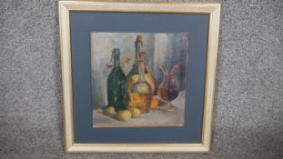 A framed oil on board, still life, unsigned. H.34 W.34cm
