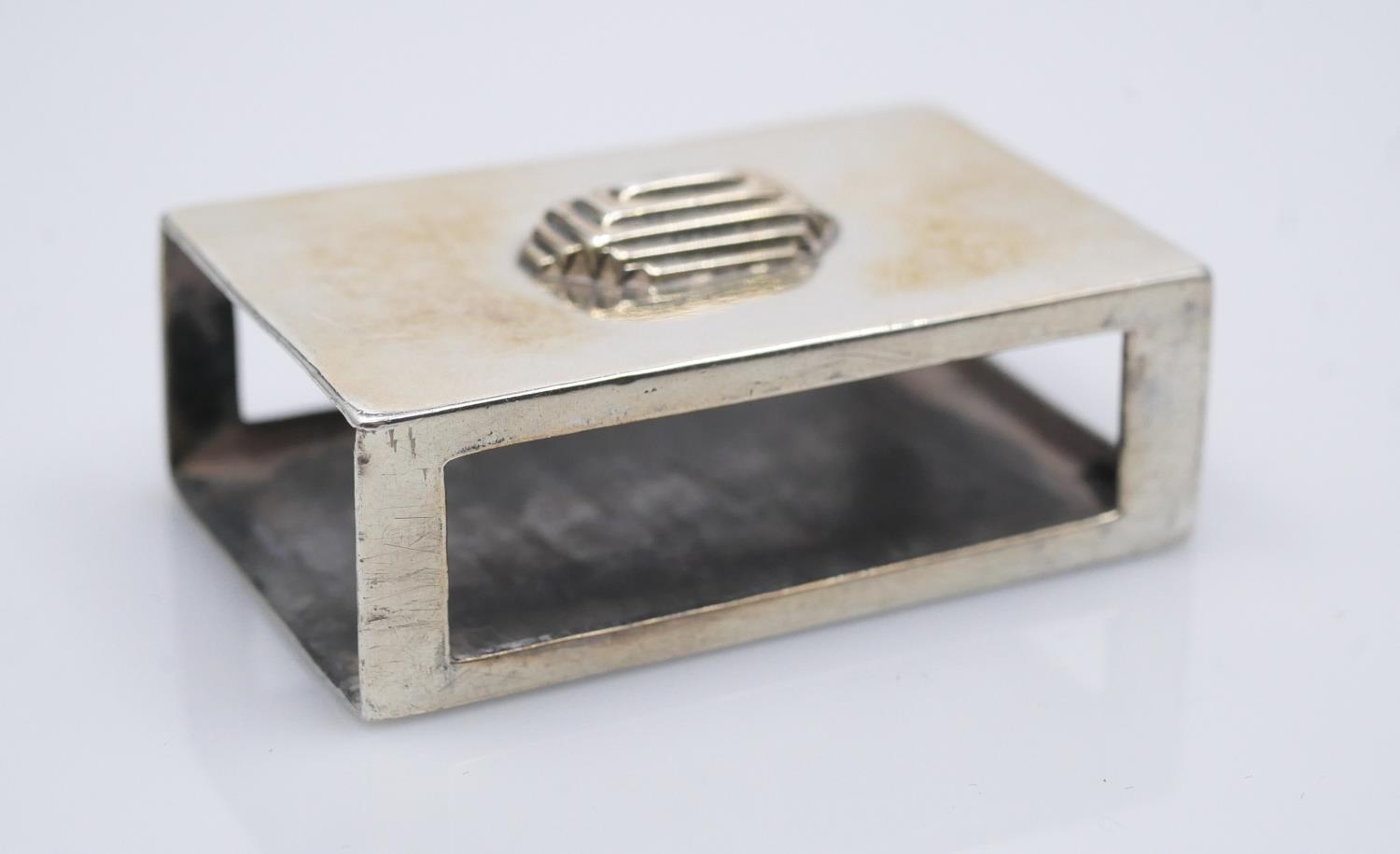 Charles Boyton, Two Art Deco white metal match box covers, planished cuboid form, with applied - Image 3 of 5