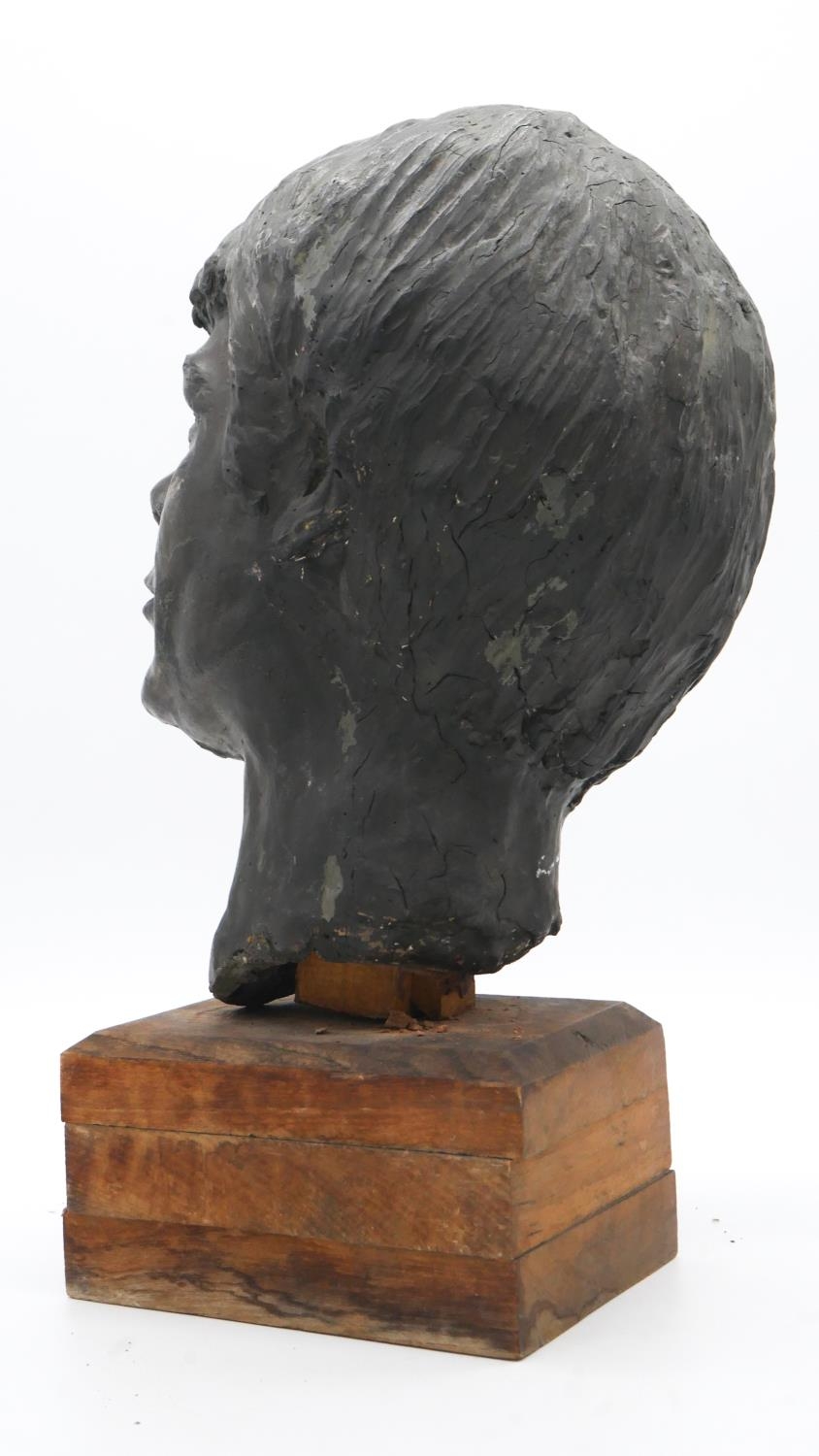 A hollow bronze female sculpted head on wooden stand. H.45cm - Image 3 of 5