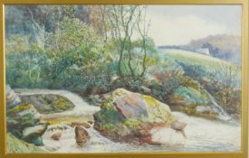 A C.1900 framed and glazed watercolour, upland stream, signed J Holland. H.49 W.66cm