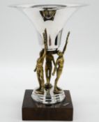 A mid century vintage silver plated trophy with three Olympian figures holding a cup aloft. H.32cm