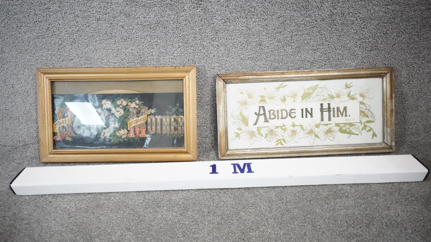 Two framed and glazed antique posters on paper, Abide in Him, embossed paper with lilies and - Image 2 of 8