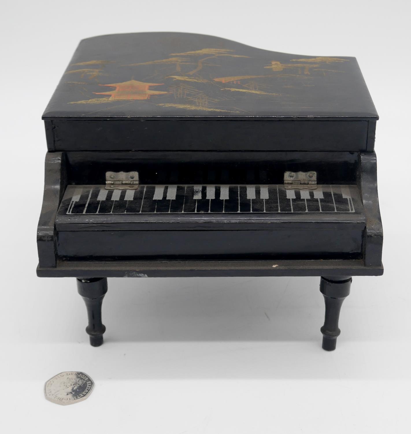 A vintage Japanese black lacquered and painted music box in the form of a grand piano. Lid painted - Image 8 of 8