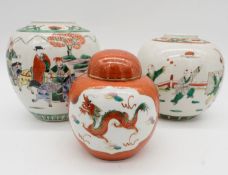A collection of Chinese ginger jars. Two Famille Verte hand painted porcelain ginger jars without