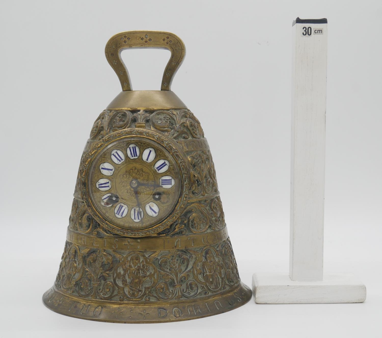 A 19th century French brass mantel clock modelled as a bell, the dial with enamel Roman numerals, - Image 6 of 6