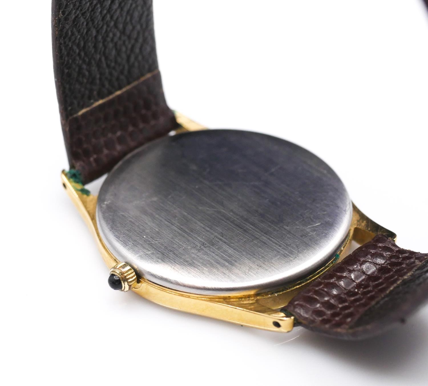 A vintage gold plated Tissot Stylist Quartz watch with brown leather strap. Dial with gold batons - Image 4 of 5