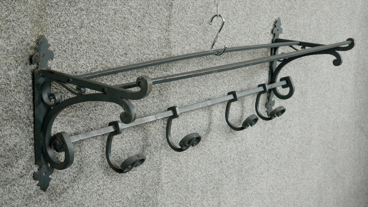 A pair of wrought metal hanging coat racks with sliding hooks. L.100cm - Image 3 of 5