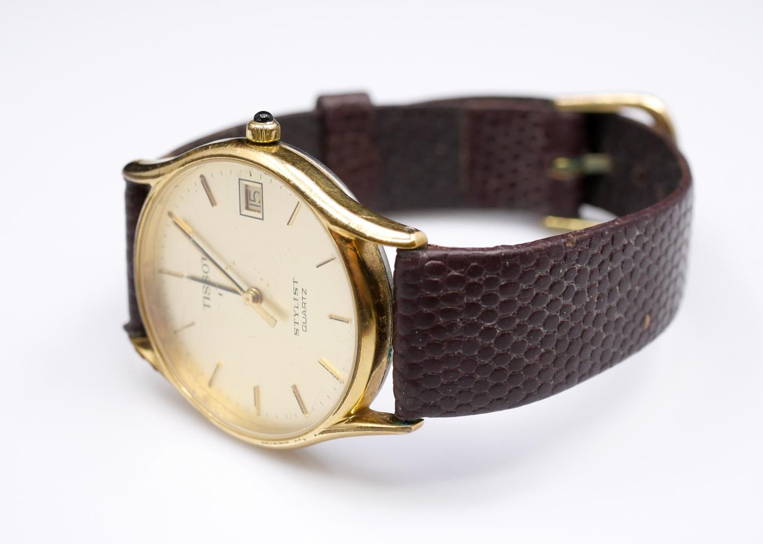 A vintage gold plated Tissot Stylist Quartz watch with brown leather strap. Dial with gold batons - Image 2 of 5