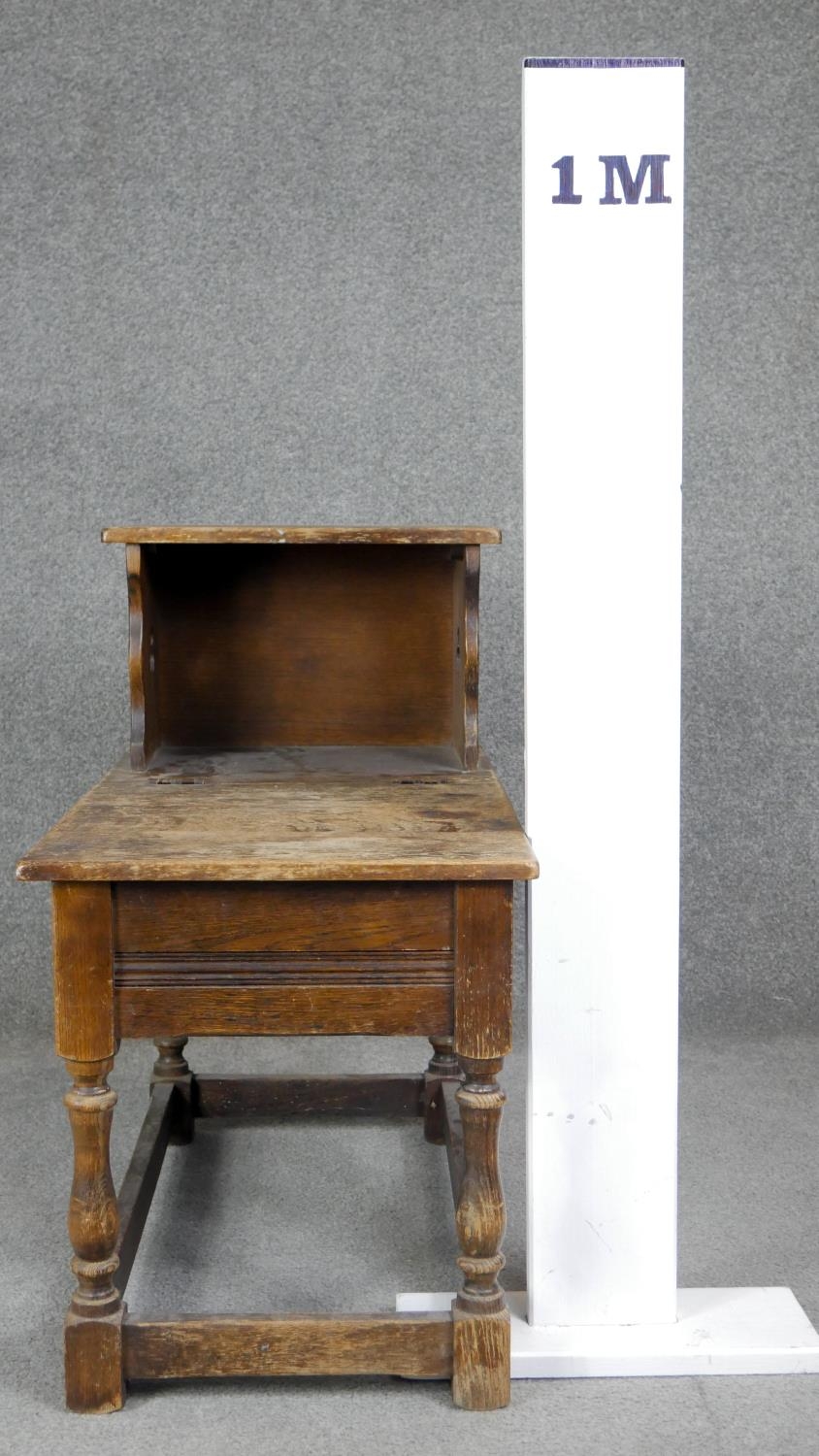 A Jacobean style oak hall table with hinged lidded compartment on turned stretchered supports. H. - Image 4 of 4