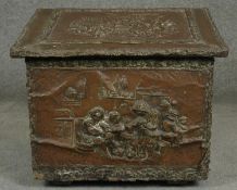 A vintage brass log box with embossed decoration and metal twin handled liner. H.46cm