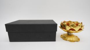 A pair of enamel tree design candle holders in fitted box along with a contemporary tea light holder