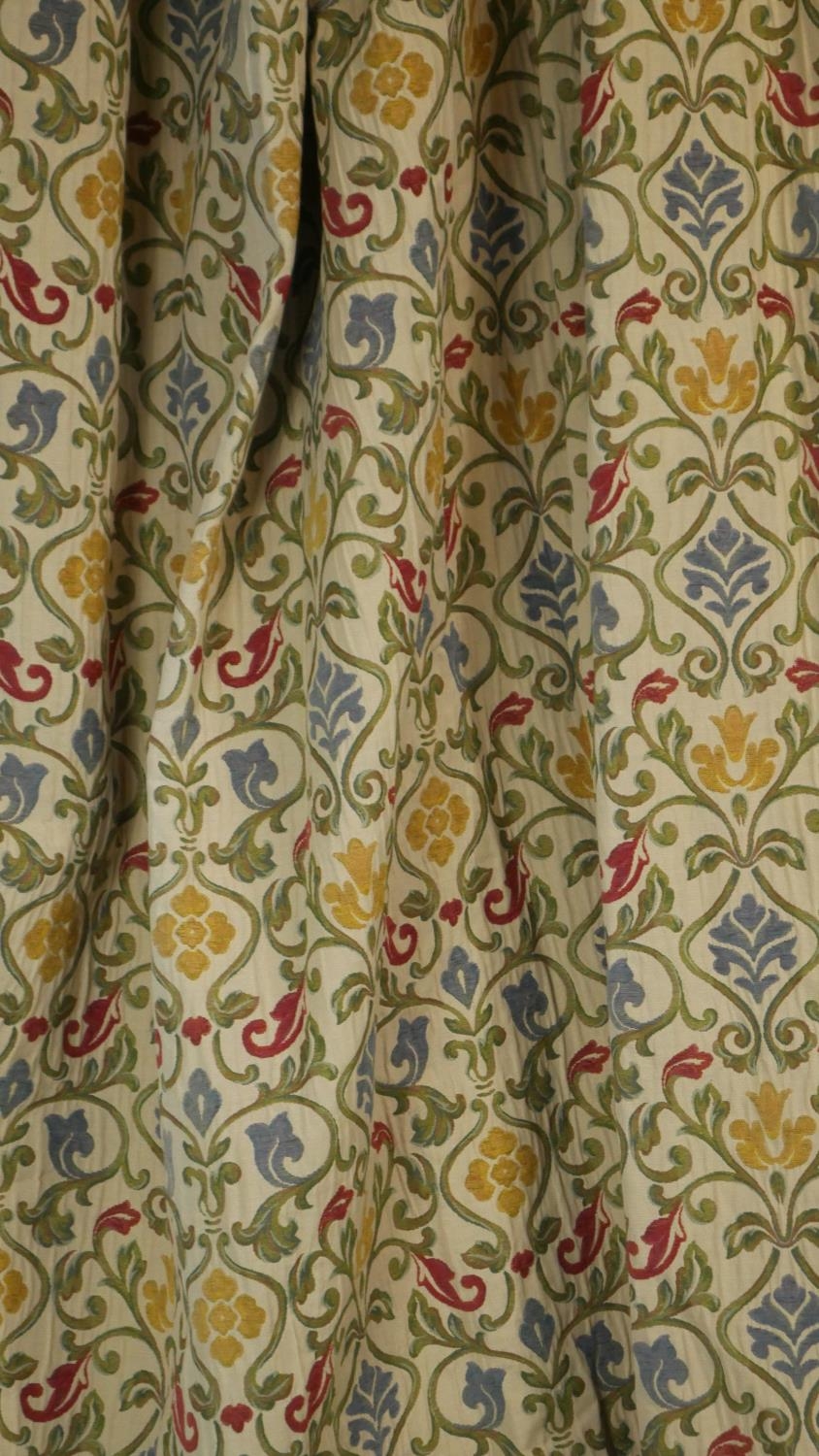 A fair of lined embroidered stylised floral and foliate tapestry design curtains on a cream - Image 2 of 5