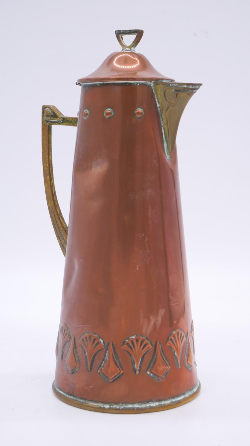 A WMF Art Nouveau copper and brass foliate design jug and circular charger. Ostrich makers stamp - Image 4 of 7