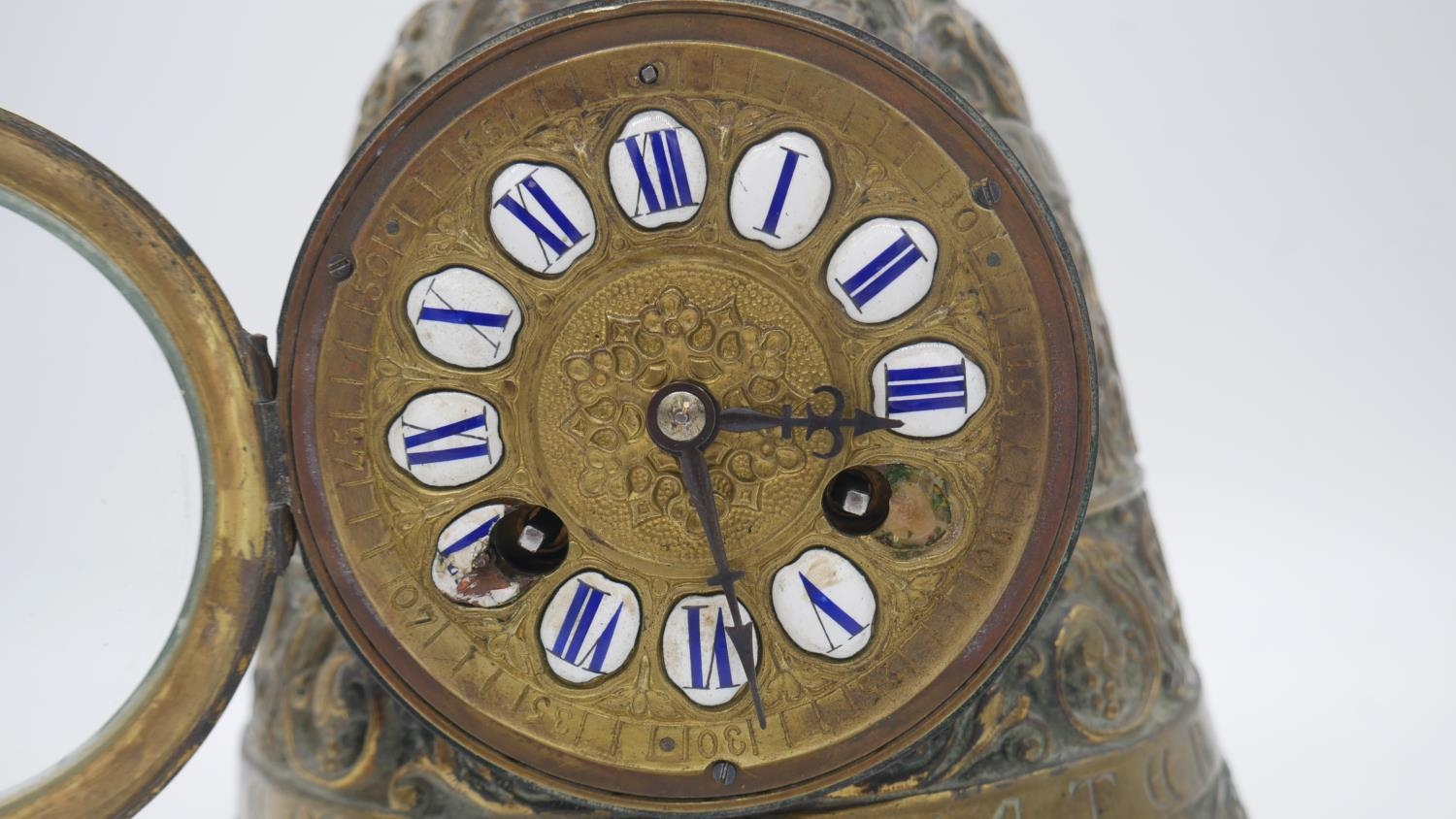 A 19th century French brass mantel clock modelled as a bell, the dial with enamel Roman numerals, - Image 3 of 6