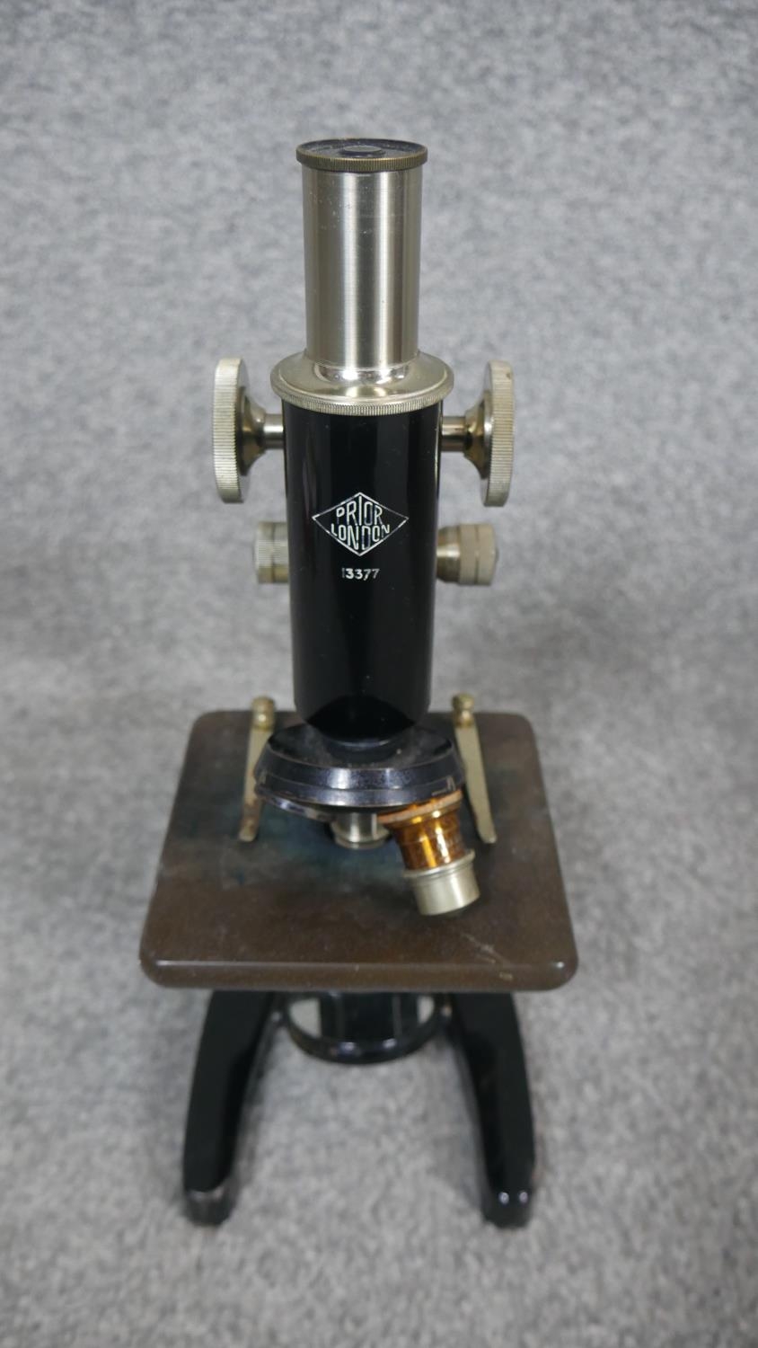 A vintage wooden cased W R Prior London microscope, model number 13377. With prepared slides and - Image 4 of 11