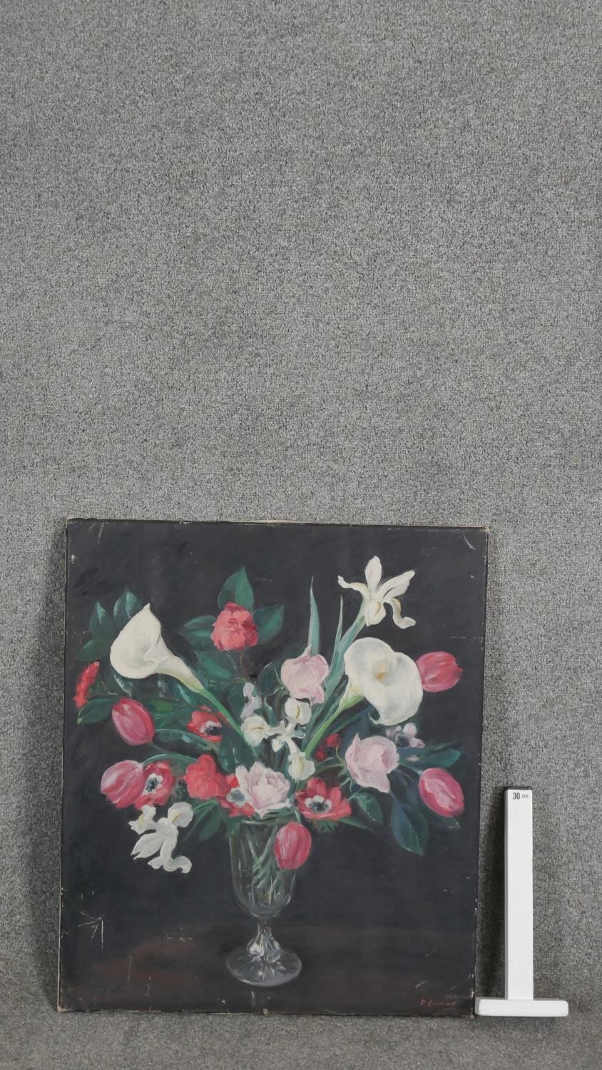 An oil on canvas still life of a vase of flowers. Indistinctly signed. - Image 4 of 4
