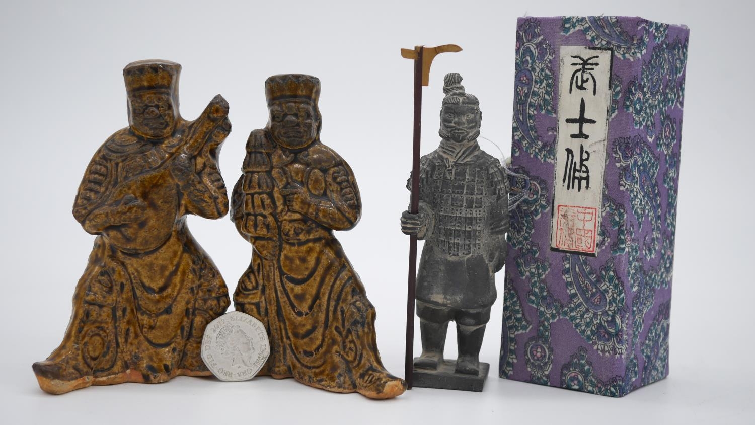 A pair of Tang style salt glaze ceramic tomb attendants, one playing an instrument along with a - Image 6 of 6