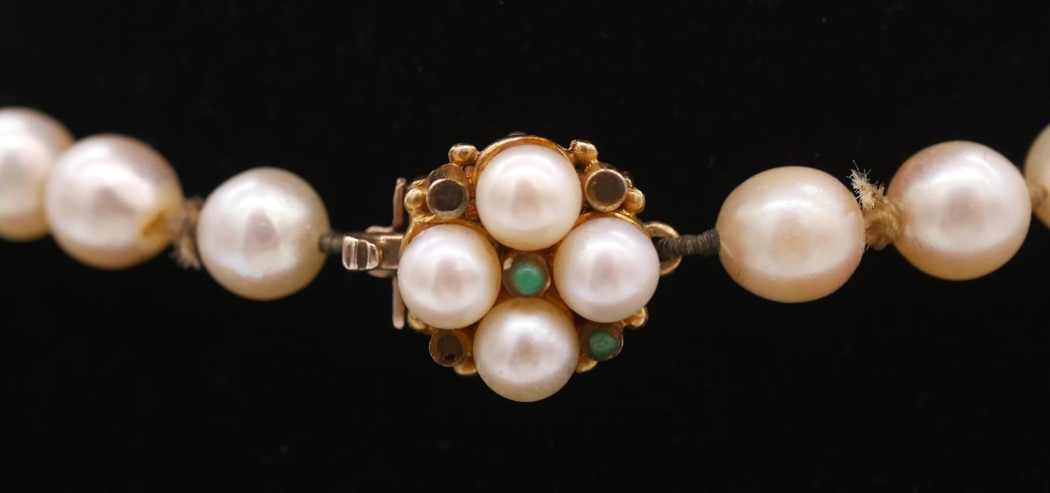 A 22 inch knotted graduated cultured pearl necklace with 9 carat yellow gold and dyed agate clasp. - Image 2 of 6