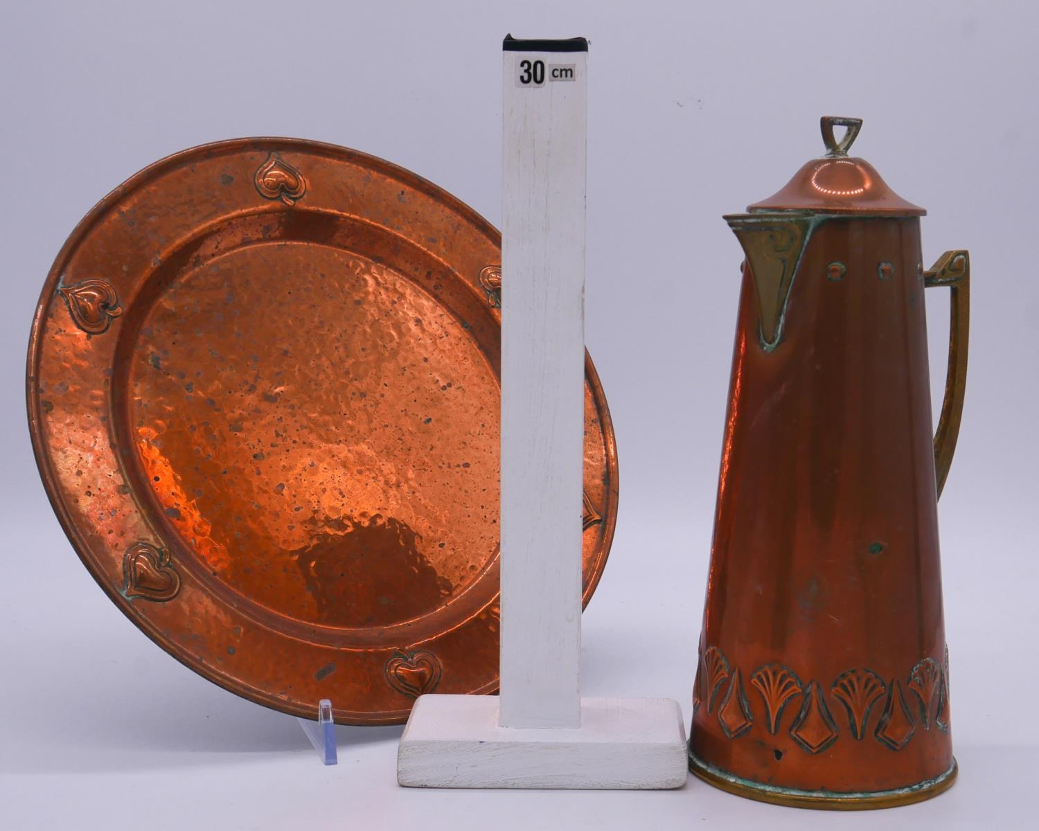 A WMF Art Nouveau copper and brass foliate design jug and circular charger. Ostrich makers stamp - Image 7 of 7