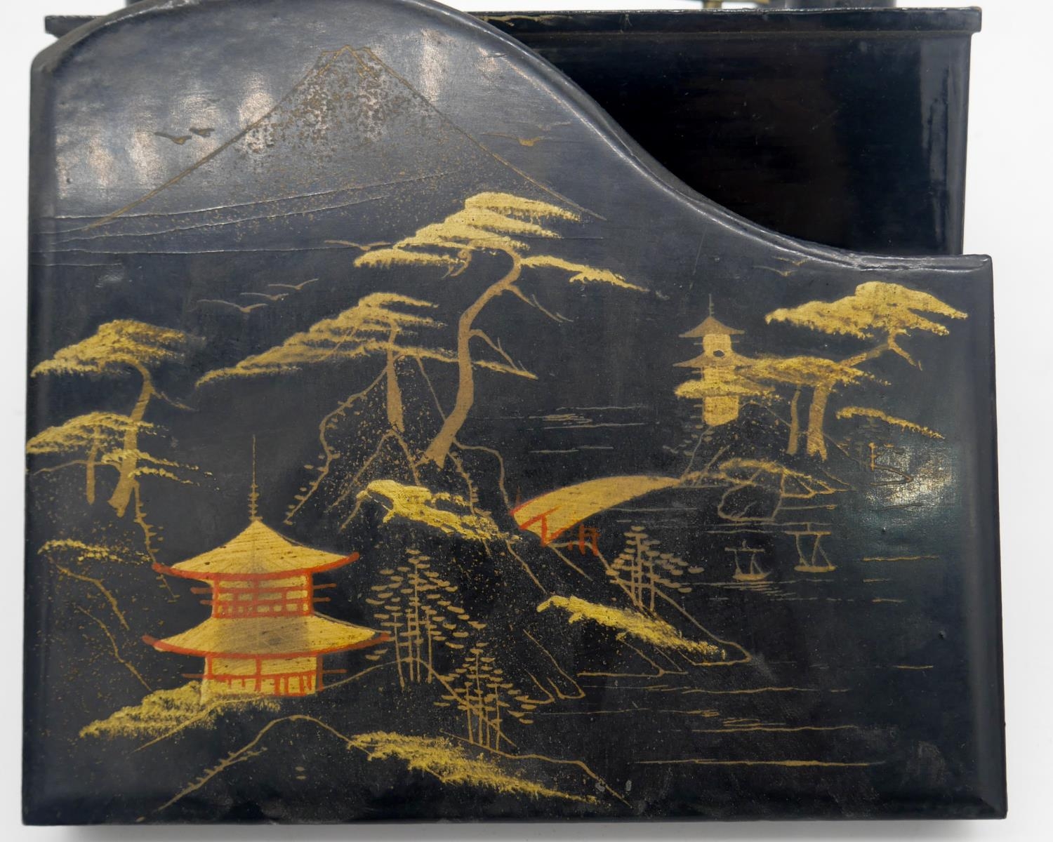 A vintage Japanese black lacquered and painted music box in the form of a grand piano. Lid painted - Image 6 of 8