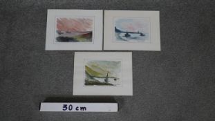 Jean D'hondt (1930-) Three unframed watercolours of landscapes with sailing boats. Signed by artist.
