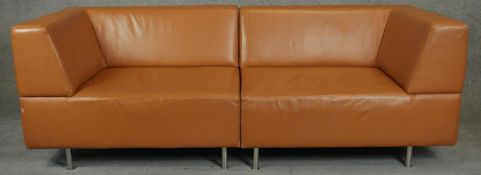 A contemporary Hay 'Mags' two section modular sofa upholstered in light tan leather. H.78 L.220 D.