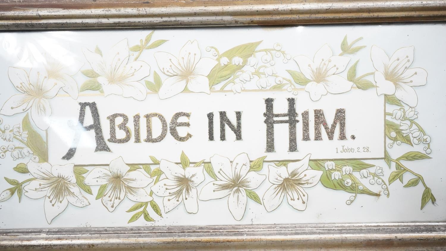 Two framed and glazed antique posters on paper, Abide in Him, embossed paper with lilies and - Image 7 of 8