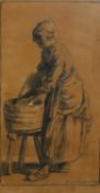 After Charles Émile Jacque- A framed and glazed charcoal and pastel on paper of a washer woman.