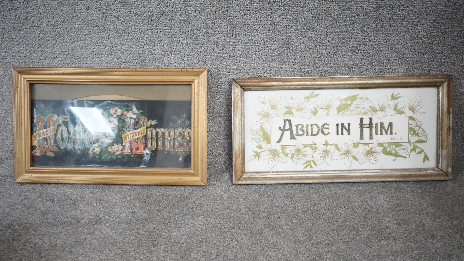 Two framed and glazed antique posters on paper, Abide in Him, embossed paper with lilies and