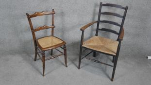 An oak framed rush seated ladder back armchair along with a late 19th century bedroom chair. H.93cm