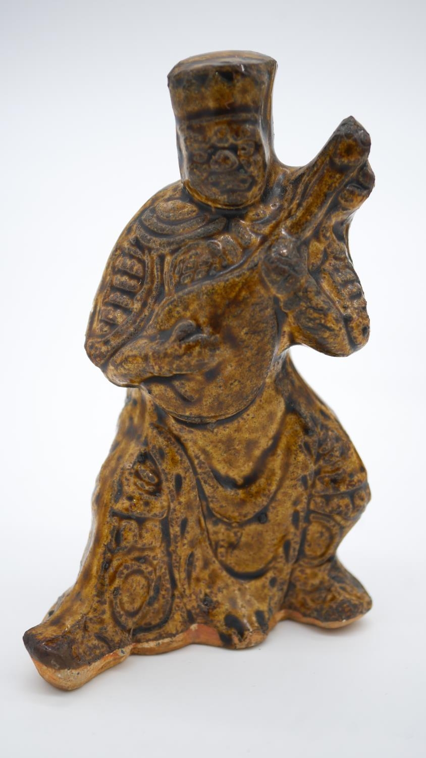 A pair of Tang style salt glaze ceramic tomb attendants, one playing an instrument along with a - Image 2 of 6