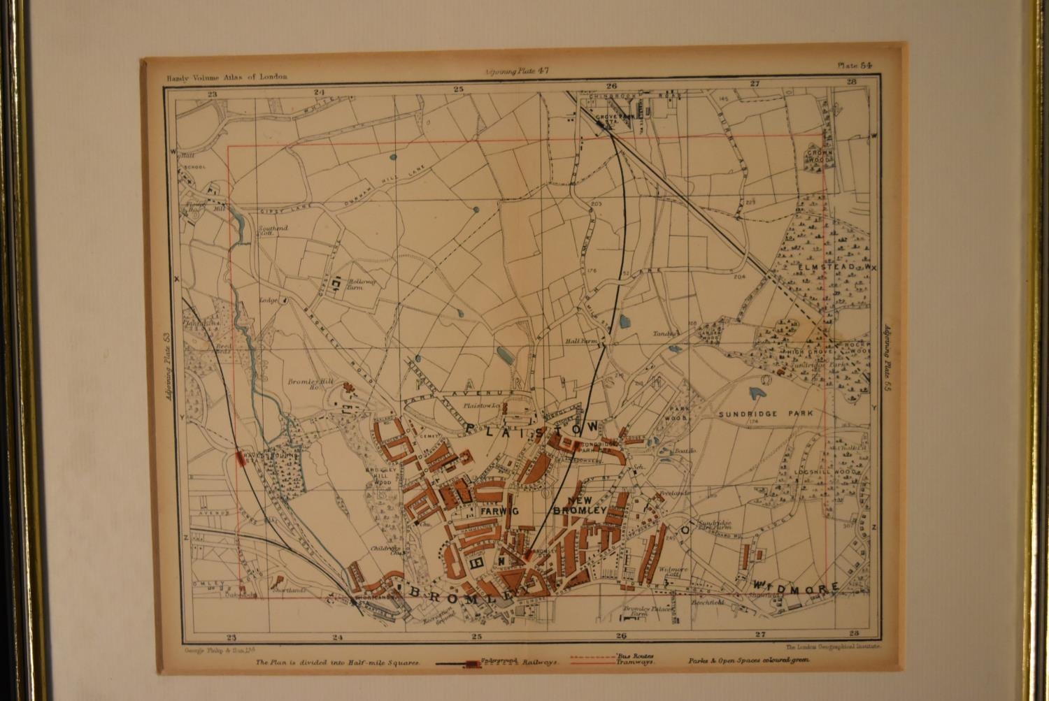 Three framed and glazed antique engravings. One of a map of Bromley, one of architectural drawings - Image 2 of 9