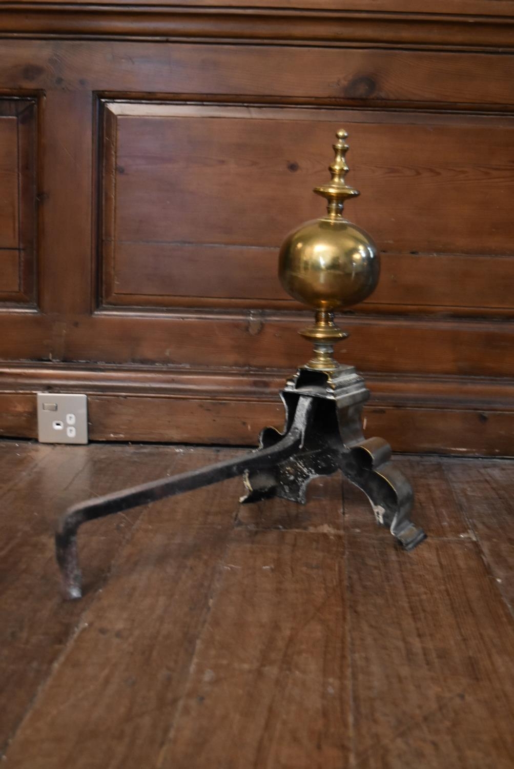 A pair of 19th century brass fire dogs with ball and finials above mask decorated base. H.51 W. - Image 4 of 6