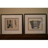 A pair of framed and glazed prints showing Norman and Gothic architectural styles, from drawings