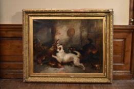 Edward Armfield (1817-1896) a gilt framed oil on canvas, terriers, fox and a pheasant in a stable'