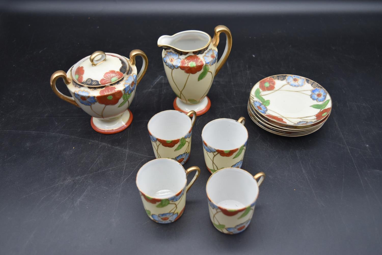 An Art Deco coffee set with hand painted foliate design, including four cups, six saucers, milk - Image 2 of 8