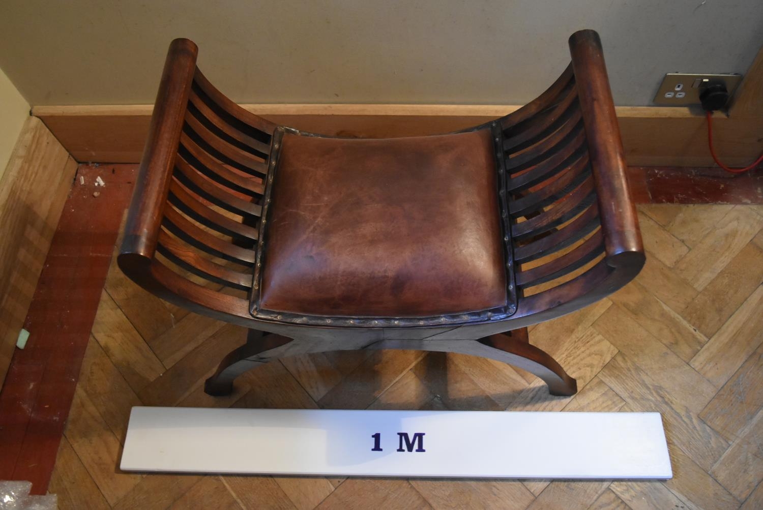 A mahogany X frame stool in leather upholstery. H.58 W.64 D.36cm - Image 5 of 5