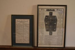 Two framed and glazed news articles, one from the London Gazette printed circa 1672 with another