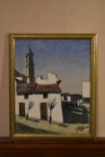 Javier de Murga, framed acrylic, street view Estepona, signed and dated. H.57 W.46cm