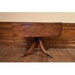 A Regency mahogany drop flap Pembroke table on quadruped swept supports terminating in brass lion'